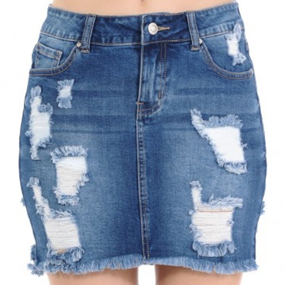 DENIM SKIRT W/ DESTRUCTION AND FRAYED HEM
